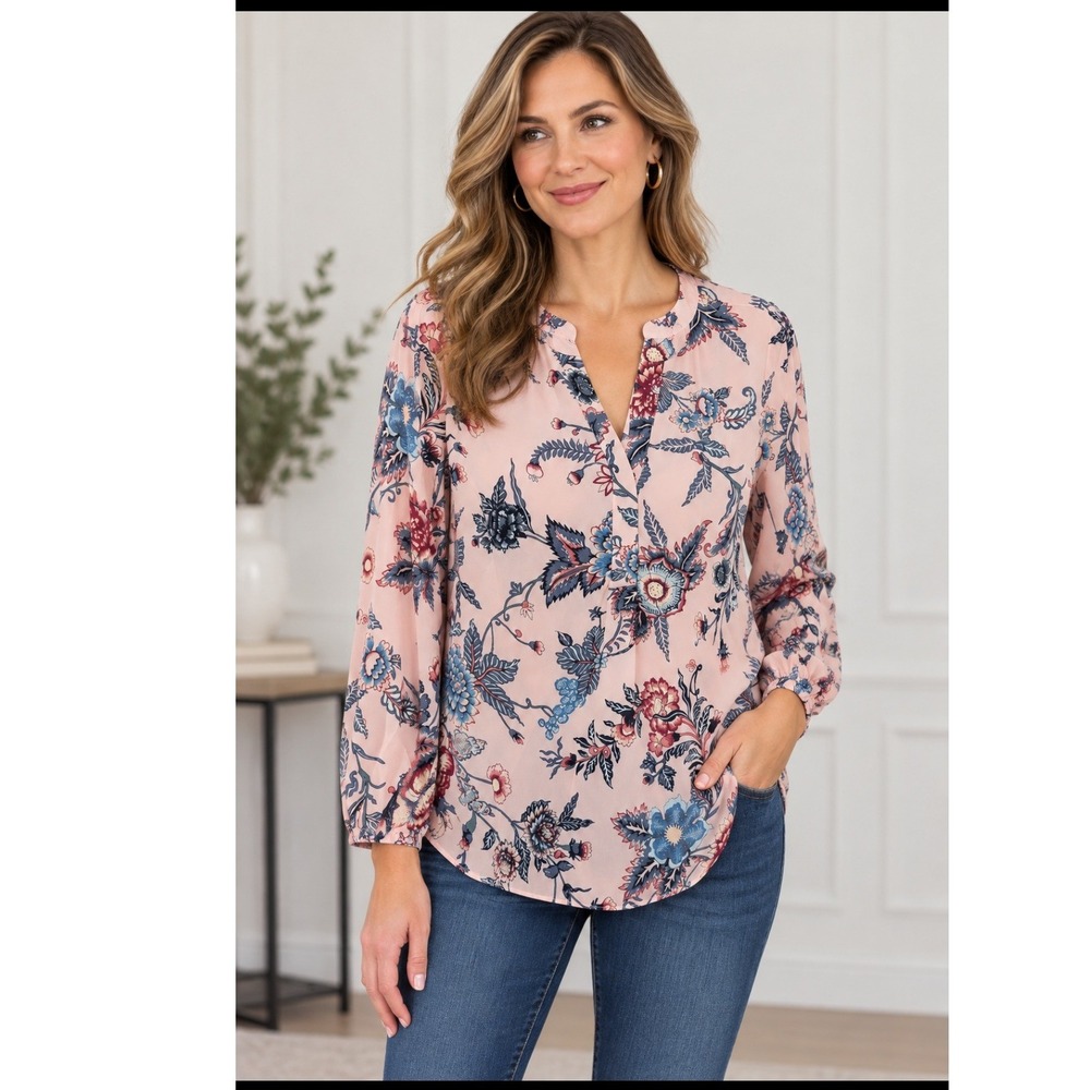 Tahari Women's 1X Pink Floral Long Sleeve Blouse Keyhole Neck Boho Tunic Top